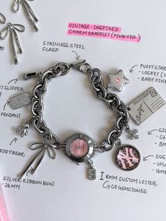 Sweet as can be ౨ৎ Introducing the 'ON THE WAY' charm bracelet - featuring the most precious pendants paired alongside a soft pink watch face, this accessory is bound to become a treasured piece in your jewelry collection. Trust us, compliments are waiting... ♡ Made with stainless steel chain, cubic zirconia and stainl Pink Watch Face, Watches Aesthetic, Watch Charms, Mixed Jewelry, Dope Jewelry Accessories, Watch Diy, Pink Watch, Jewelry Accessories Ideas, Pandora Bracelet Charms