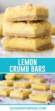 lemon crumb bars stacked on top of each other with the words, lemon crumb bars