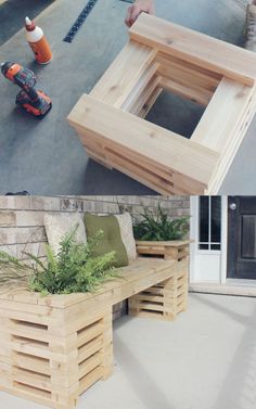 two pictures show the process of making a bench out of pallets and wood crates