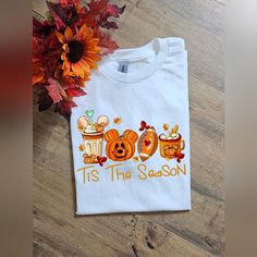 Super Cute Tee. On Gildan Adult Unisex White Tee Shirt. Made With Sublimation. Ships Within 3 Business Days. Fall Mickey Mouse, White Tee Shirt, White Tee Shirts, Disney Shirt, White Tee, Tis The Season, Tee Shirt, Colorful Shirts, Tee Shirts