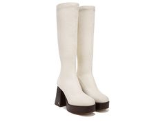 Circus by Sam Edelman Simone - Women's Boots : Modern Ivory : Look bold and chic wearing the knee-high Circus by Sam Edelman Simone boots that complement your ensemble. Synthetic lining. Foam footbed. Zippered side closure. Square toe. Ankle block heel. Low platform heel. Knee-high silhouette. Synthetic outsole. Imported. Measurements: Heel Height: 3 ¾ in Platform Height: 1 ¼ in Single Shoe Weight: 26.4 oz. Weight of footwear is based on a single item, not a pair. White Knee-high Boots For Fall, White Wide Calf Knee-high Heeled Boots, Chic Beige Wide Calf Knee-high Boots, Chic White Knee-high Boots With Round Toe, Chic Cream Knee-high Boots, Wide Calf White Knee-high Boots For Winter, Cream Knee-high Heeled Boots For Fall, White Wide Calf Knee-high Boots For Fall, Winter Wide Calf White Knee-high Boots