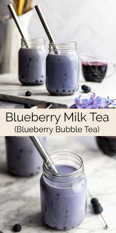 blueberry milk tea in small jars with spoons