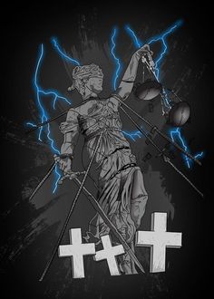 the statue of justice holding two swords and lightning behind it is an x - plus sign