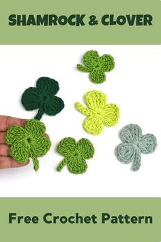 four leaf clover crochet pattern for shamrocks and clovers with text overlay