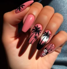 Pink base nail art design with palm tree silhouettes painted in black or white Nails With Palms, Black Palm Tree Nails, Palm Tree Nails Design, Nail Palm Tree Designs, Black Palm Tree Pink Tiger Stripes Nails, Nail Art Designs Palm Trees, Neon Palm Tree Nails, Neon Nails With Palm Trees, Palm Nails