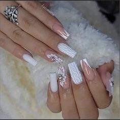 Pink Nail Extension Designs, Nail Extension Designs For Wedding, Winter White Nails, Nail Extension Designs, Memorial Tattoo Ideas, Shiny Nails Designs, Acrylic Nails Nude, Fancy Nail Art, Luminous Nails