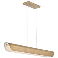 a suspended light fixture with two lights hanging from it's sides and an oval shaped wooden