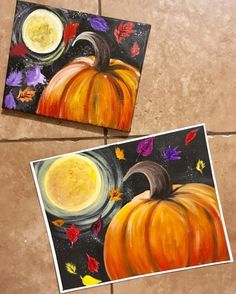 two paintings of pumpkins with leaves on them