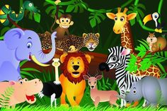 Animals in the jungle Wall Mural-Wall Mural-Eazywallz Animals In The Jungle, Jungle King, Jungle Wall Mural, Jungle Thema, Icing Cake, Jungle Scene, Jungle Wall, Colourful Designs, Photo Mural