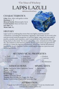 Crystal Identification, Gemstones Chart, Crystal Healing Chart, New Moon Rituals, Grimoire Book, Magic Spell Book, Witchcraft Spell Books, Lapis Lazuli Crystal