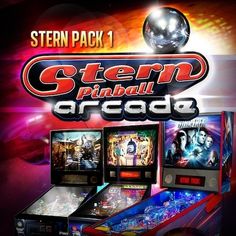 the stern pinball arcade is on display in front of a black background with red and blue lights