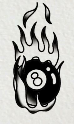 a black and white drawing of a pool ball with flames coming out of the top