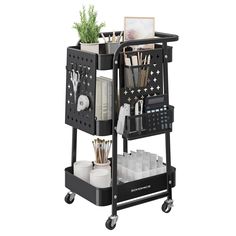 a black cart filled with office supplies on wheels