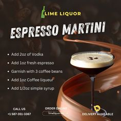 an advertisement for a drink called espresso martini with coffee beans in the background