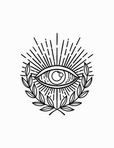 an all seeing eye surrounded by leaves and sunbursts in black on a white background