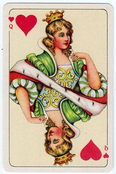 a playing card with an image of a woman wearing a dress and holding a crown