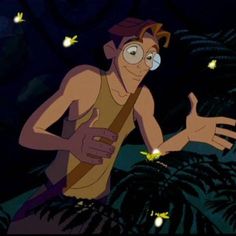 an animated man with glasses and a tie in the dark, surrounded by butterflies flying around him