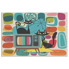 Kate McEnroe New York Mid Century Atomic Cat Retro TV Canvas Wall ArtCanvas Wall Art139004 Mid Century Fireplace, Mid Century Painting, Mid Century Modern Artwork, Atomic Cat, Modern Palette, Mid Century Illustration, Television Set, Mid Century Modern Patterns, Classic Television