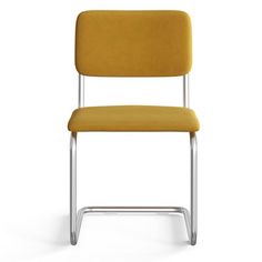 a yellow chair on a white background with a metal frame and back rest, viewed from the front