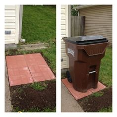 two pictures of a trash can in the grass and on the ground with dirt around it