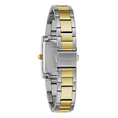 This Caravelle by Bulova watch is stylish, contemporary, and a style you'll reach for every day. The timepiece showcases Roman numerals on a silver-white dial in a gold-tone accented stainless steel case. The two-tone bracelet secures with a double-press buckle closure. The case measures 21 mm, and the watch is water-resistant to 30 meters. Bulova Watches, Analog Watch, Two Tone Watch, White Dial, Steel Watch, Stainless Steel Watch, Roman Numerals, Watch Case, Design Model