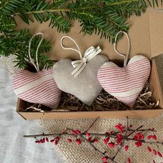 three heart shaped ornaments in a cardboard box with red berries and greenery on the table