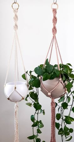 two hanging planters with plants in them, one is white and the other is pink