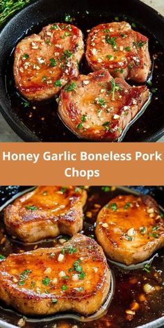 honey garlic boneless pork chops in a skillet