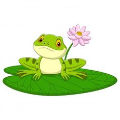 a frog sitting on top of a leaf with a flower