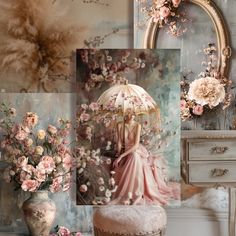 a collage of photos with flowers and a birdcage in the background,