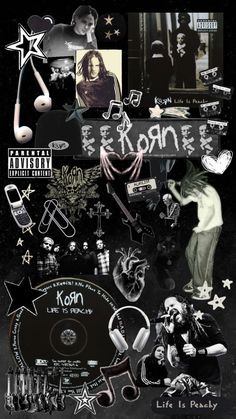 a collage of various pictures and words on a black background with white stars, music notes