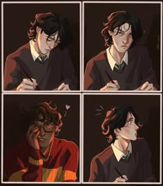 four different shots of harry potter with his glasses on, writing and holding a pen