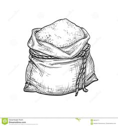 a sack with a blanket on the ground hand drawn illustration in black and white colors