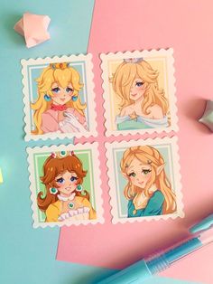 four stamps with cartoon characters on them next to a blue pen and some other items