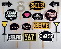 black and yellow photo booth props for a bridal party or bachelor's day