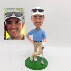 a custom bobble head golf player with sunglasses on and a smiling man's face