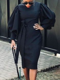 Look Casual Chic, Guest Attire, Lantern Sleeve Dress, Wedding Attire Guest, Elegant Skirt, Crewneck Dress, Rock Design, Lantern Sleeve, Knee Length Dresses