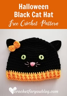 a crocheted black cat hat with green eyes and yellow ears is featured in this free pattern