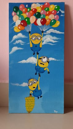 a painting of two minion characters holding balloons