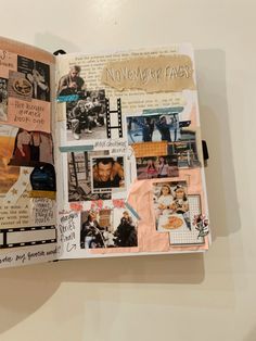 an open scrapbook with pictures and words on the pages that have been altered to look like collages