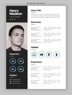 a black and white resume template with blue accents on the front, and an image of a