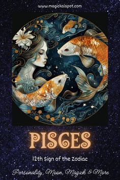 the zodiac sign for pisces with two gold fish in front of a dark blue background