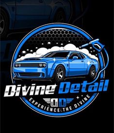 a blue car with the words driving detailing on it