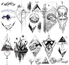 a drawing of different types of tattoos on a white background, including mountains and trees