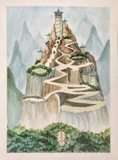 a painting of a mountain with a tower on top