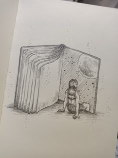 a drawing of a person sitting in front of an open book