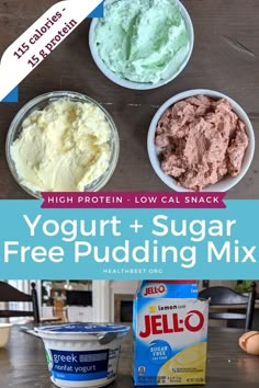 yogurt and sugar free pudding mix in bowls on a table with text overlay