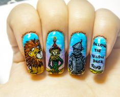 The Wizard of Oz Freehand Nail Art. Handmade Fake Nails, False Nails, Press On Nails Wizard Of Oz Nails, Nails With Nail Polish, Wizard Of Oz Decor, Manicure Tutorials, Freehand Nail Art, City Nails, Nail Color Ideas, Ideas For Nails