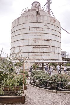 several people are standing in front of an old silo with many plants growing inside