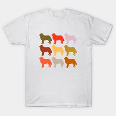 a white t - shirt with different colored dogs on the front and back, all in different colors